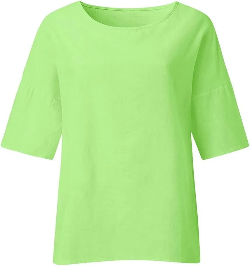 Cotton Linen Shirts for Women Summer Casual Crewneck Pullover Tops Comfy Loose Women's Short Sleeve T Shirt