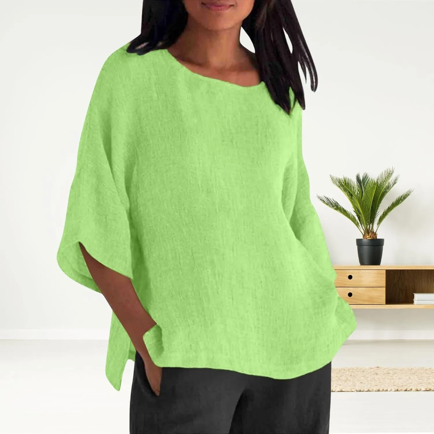 Cotton Linen Shirts for Women Summer Casual Crewneck Pullover Tops Comfy Loose Women's Short Sleeve T Shirt