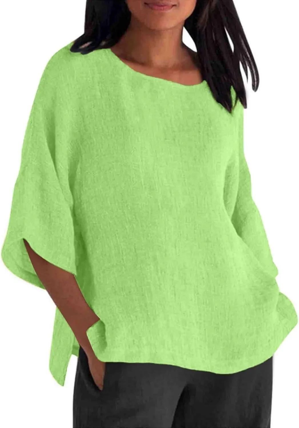Cotton Linen Shirts for Women Summer Casual Crewneck Pullover Tops Comfy Loose Women's Short Sleeve T Shirt
