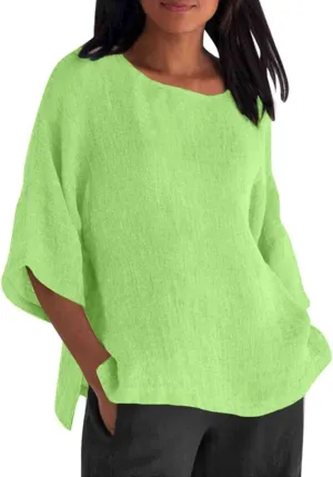 Cotton Linen Shirts for Women Summer Casual Crewneck Pullover Tops Comfy Loose Women's Short Sleeve T Shirt