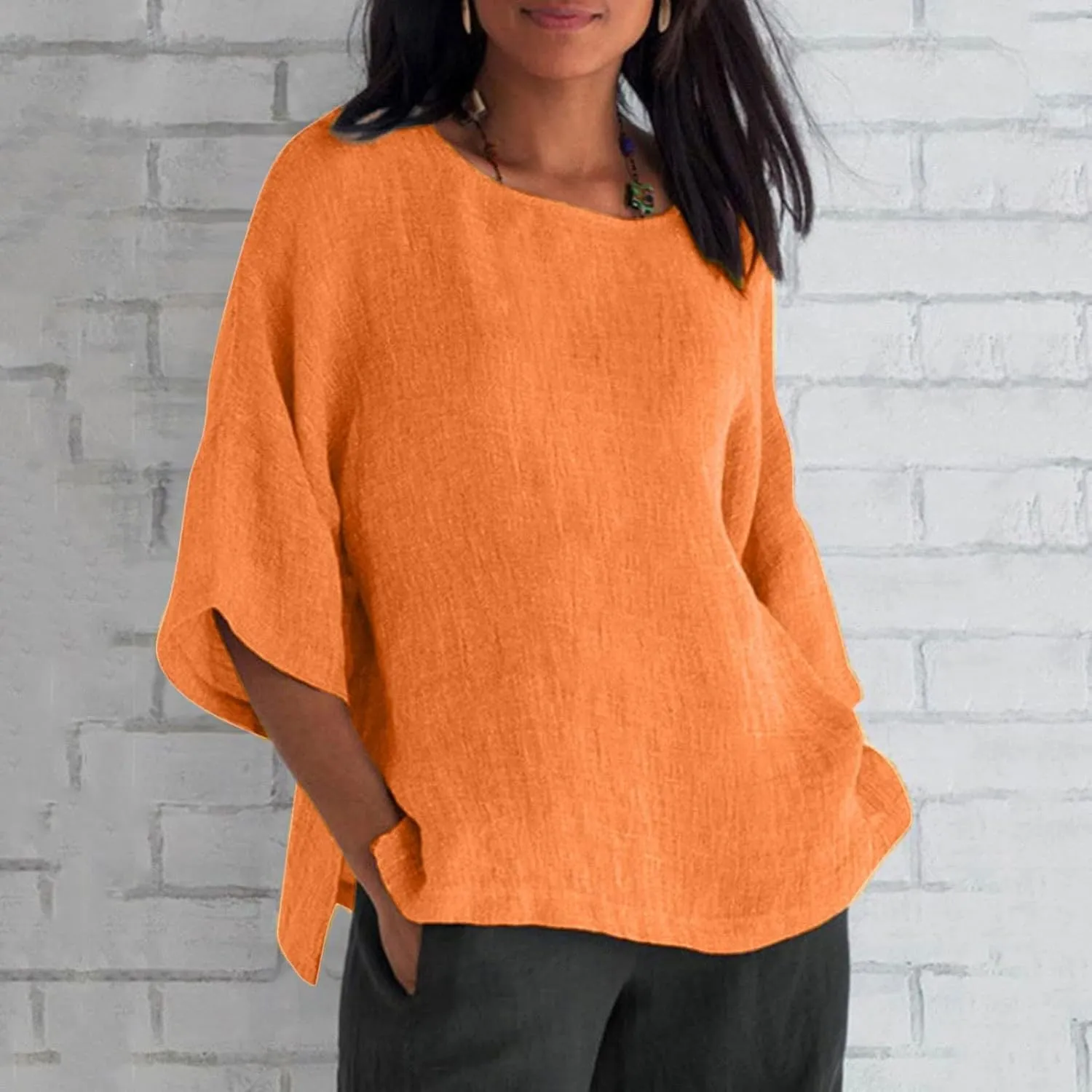 Cotton Linen Shirts for Womens Plus Size 3/4 Sleeve Tops Casual Loose Crewneck Tees Beach Summer Blouse