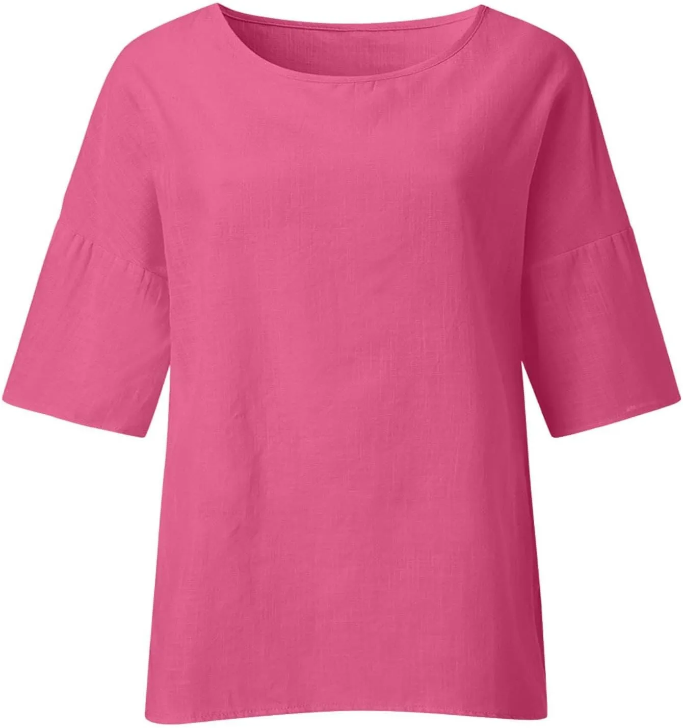 Cotton Linen Shirts for Womens Plus Size 3/4 Sleeve Tops Casual Loose Crewneck Tees Beach Summer Blouse
