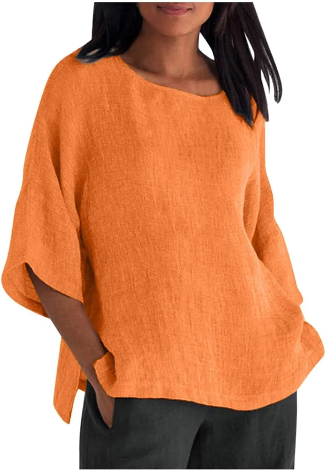 Cotton Linen Shirts for Womens Plus Size 3/4 Sleeve Tops Casual Loose Crewneck Tees Beach Summer Blouse