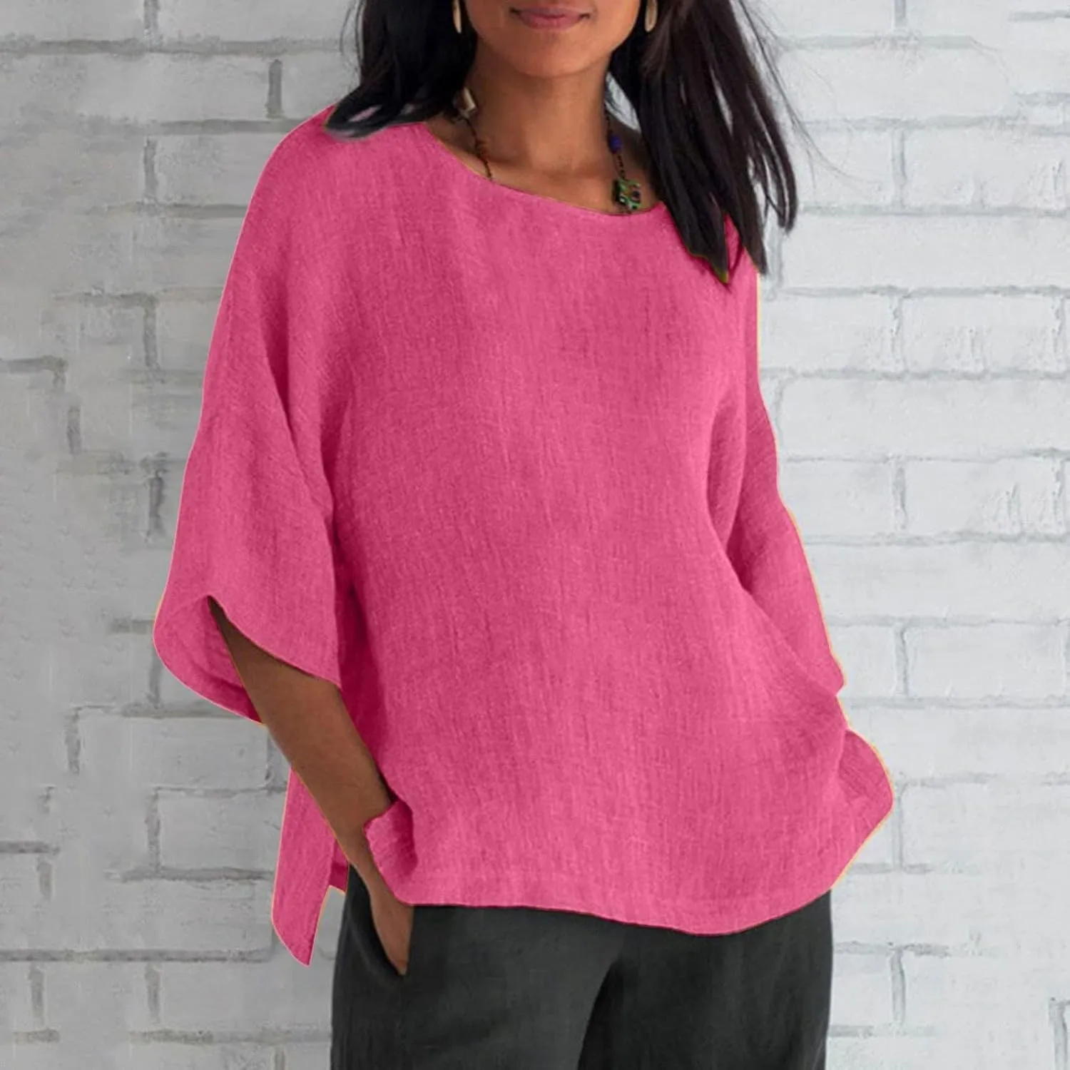 Cotton Linen Shirts for Womens Plus Size 3/4 Sleeve Tops Casual Loose Crewneck Tees Beach Summer Blouse