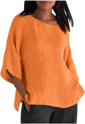 Cotton Linen Shirts for Womens Plus Size 3/4 Sleeve Tops Casual Loose Crewneck Tees Beach Summer Blouse