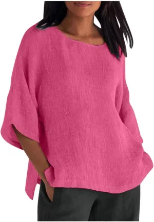 Cotton Linen Shirts for Womens Plus Size 3/4 Sleeve Tops Casual Loose Crewneck Tees Beach Summer Blouse