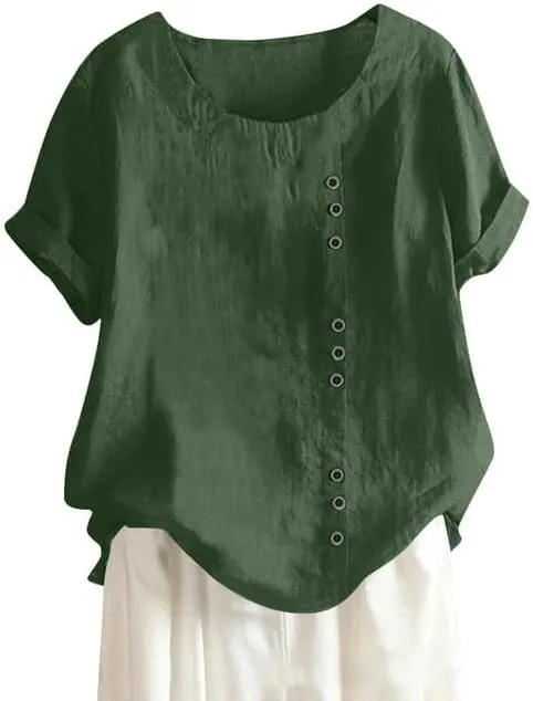 Cotton Linen Shirts Women Crew Neck Short Sleeve Tunic Button Down Blouse Shirt Plus Size Casual Summer T-Shirts Top