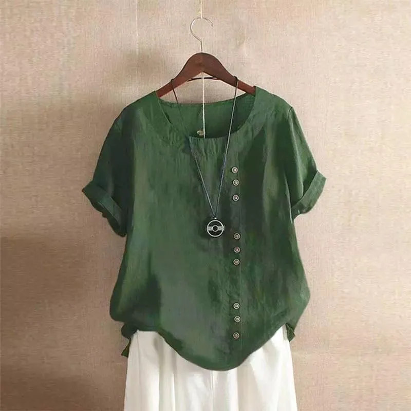 Cotton Linen Shirts Women Crew Neck Short Sleeve Tunic Button Down Blouse Shirt Plus Size Casual Summer T-Shirts Top