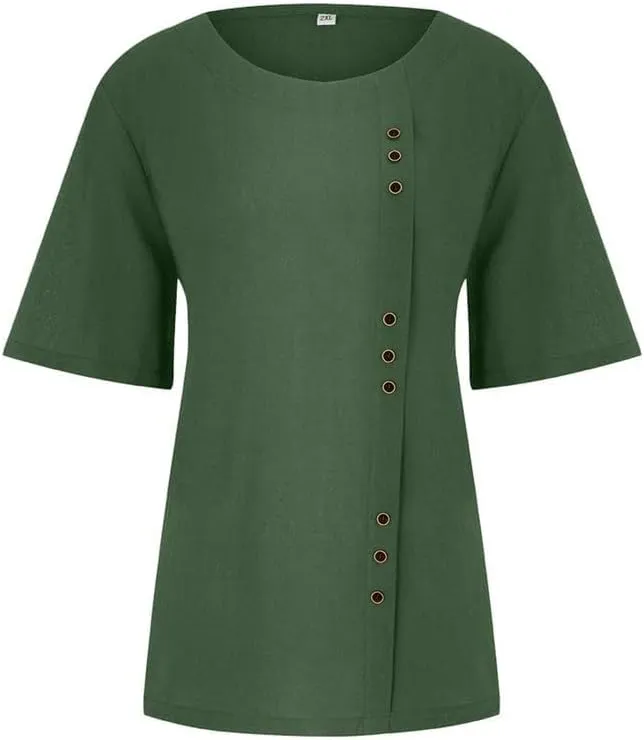 Cotton Linen Shirts Women Crew Neck Short Sleeve Tunic Button Down Blouse Shirt Plus Size Casual Summer T-Shirts Top