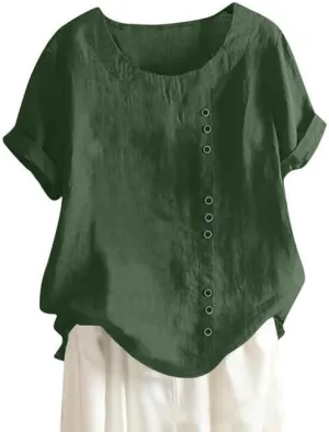 Cotton Linen Shirts Women Crew Neck Short Sleeve Tunic Button Down Blouse Shirt Plus Size Casual Summer T-Shirts Top