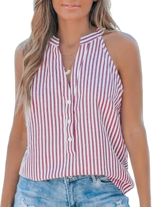 CUPSHE Women Tops Sleeveless Striped V Neck Tank Top Button Front Tee Shirt Casual