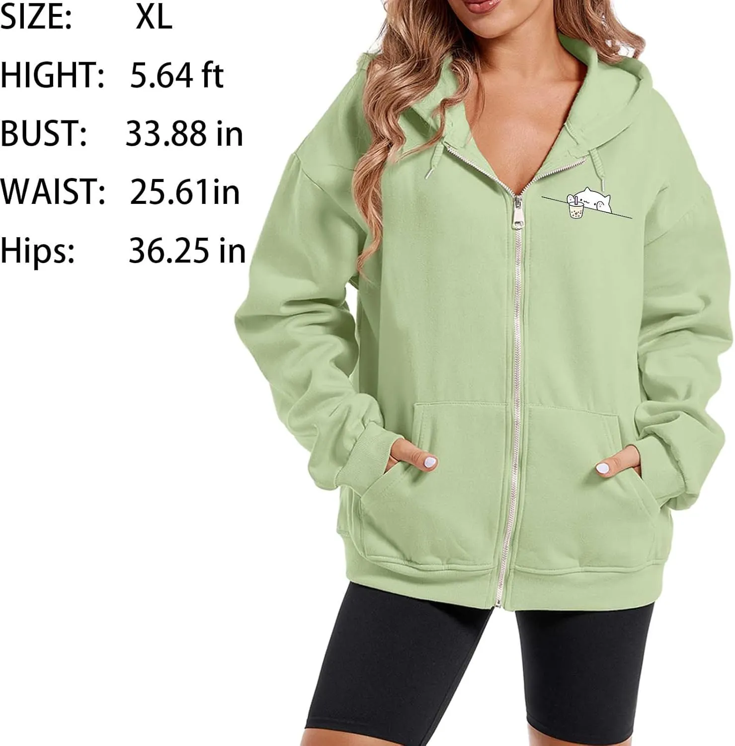 Cute Oversized Zip Up Hoodie for Teen Girls Kawaii Cartoon Cat Sweatshirt for Women Pockets Cotton Top Jackets Coat