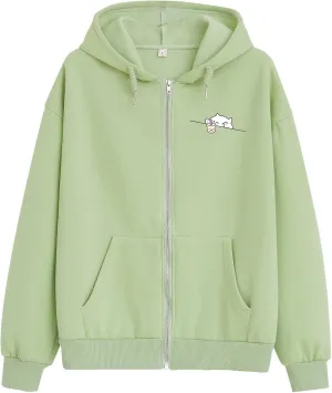 Cute Oversized Zip Up Hoodie for Teen Girls Kawaii Cartoon Cat Sweatshirt for Women Pockets Cotton Top Jackets Coat