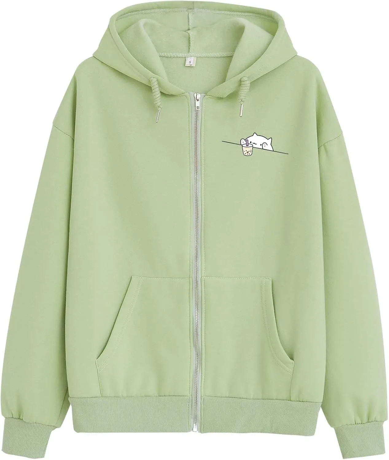 Cute Oversized Zip Up Hoodie for Teen Girls Kawaii Cartoon Cat Sweatshirt for Women Pockets Cotton Top Jackets Coat