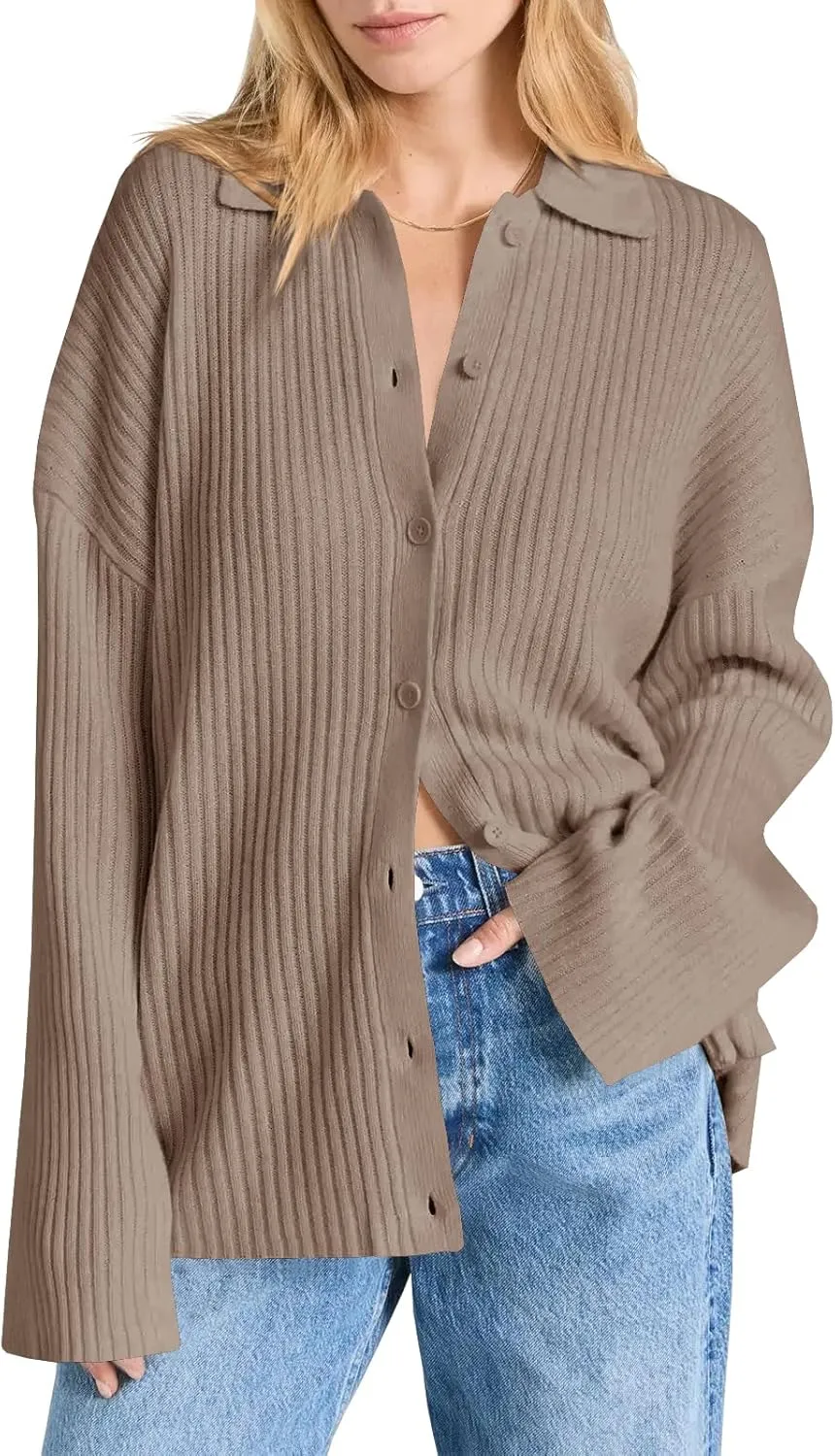 Danedvi Womens Collared Cardigan Sweaters Oversized Ribbed Knit Open Front Button Up Bell Sleeve Outwear