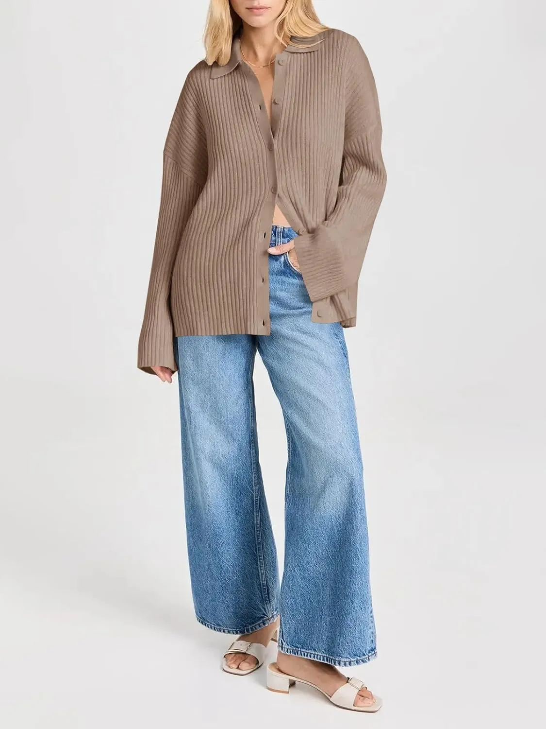 Danedvi Womens Collared Cardigan Sweaters Oversized Ribbed Knit Open Front Button Up Bell Sleeve Outwear