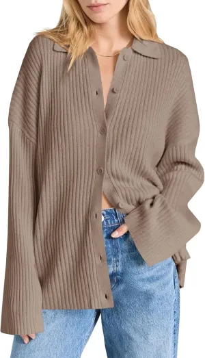 Danedvi Womens Collared Cardigan Sweaters Oversized Ribbed Knit Open Front Button Up Bell Sleeve Outwear