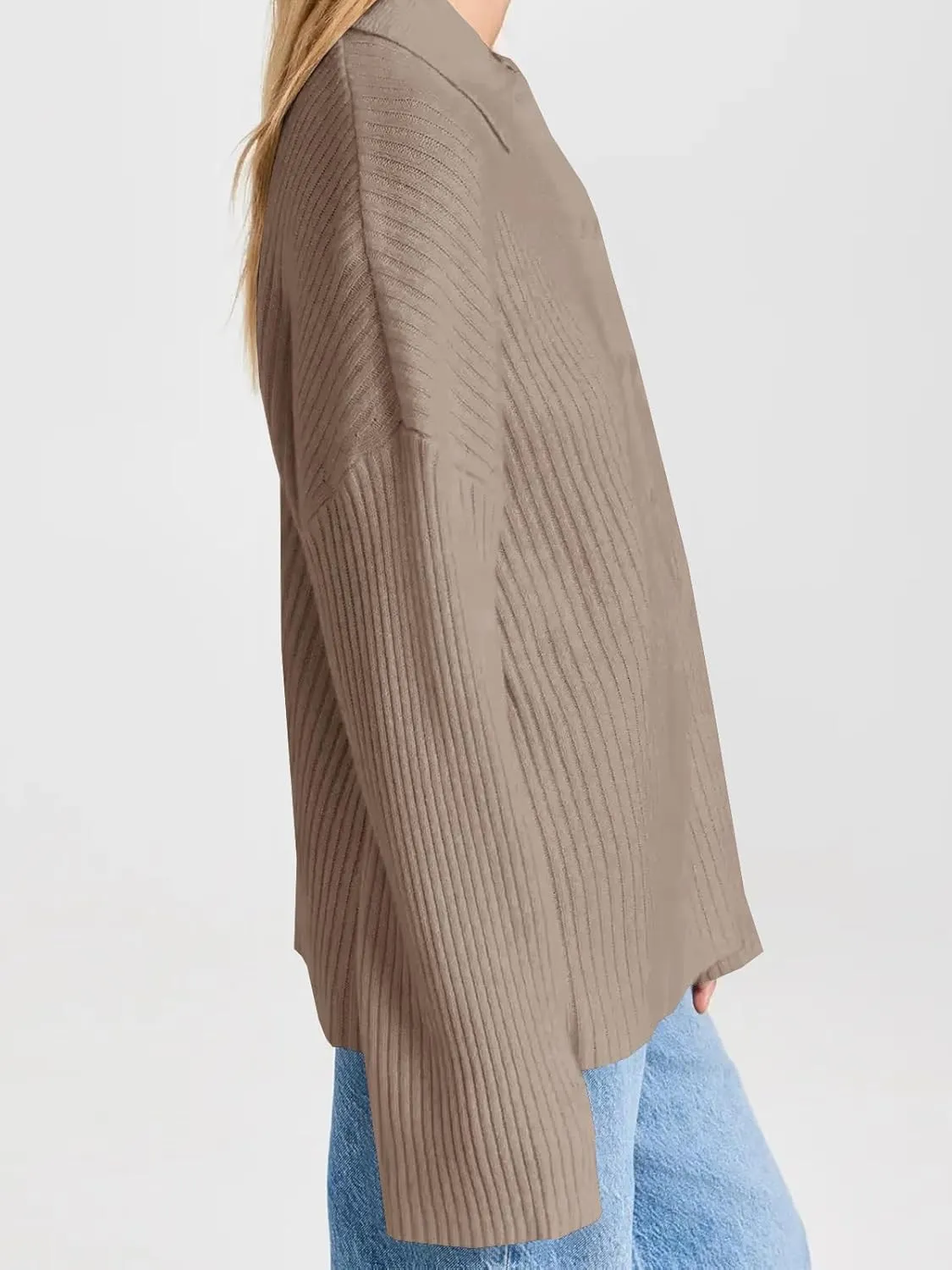 Danedvi Womens Collared Cardigan Sweaters Oversized Ribbed Knit Open Front Button Up Bell Sleeve Outwear