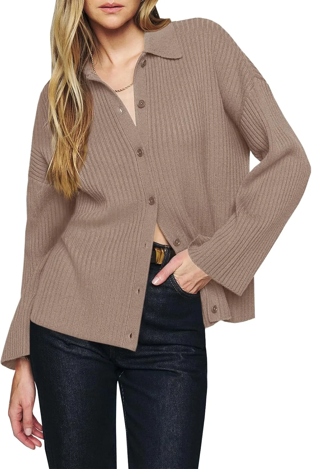 Danedvi Womens Collared Cardigan Sweaters Oversized Ribbed Knit Open Front Button Up Bell Sleeve Outwear