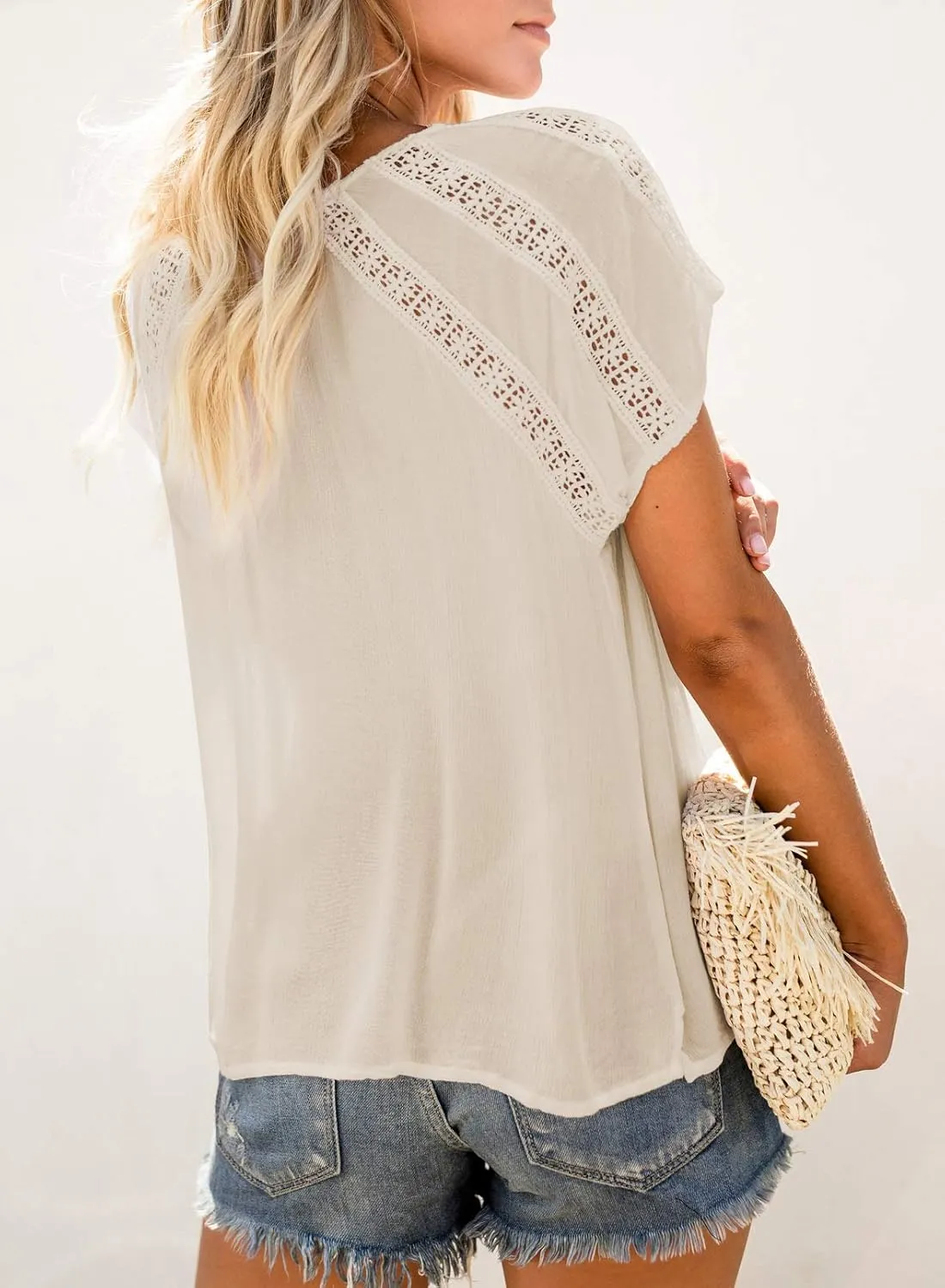 Dokotoo Women's V Neck Lace Crochet Eyelet Tops Short Sleeve Casual Shirts Blouses