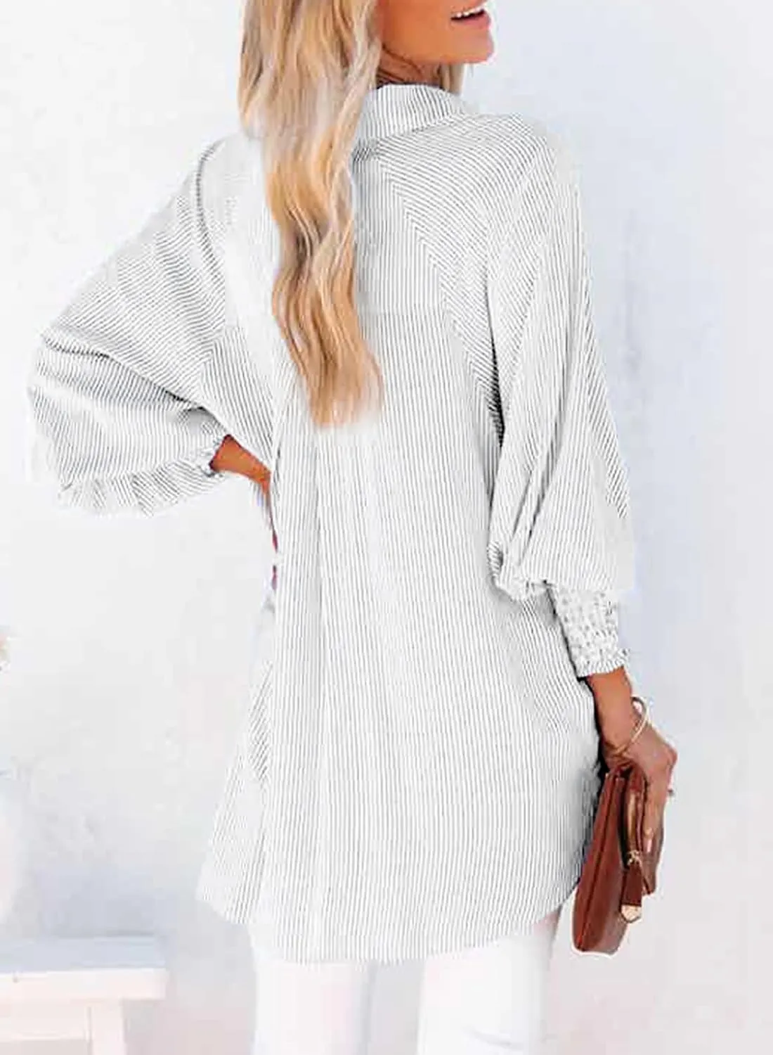 Dokotoo Womens V Neck Striped Button Down Shirts Long Sleeve Tunic Tops