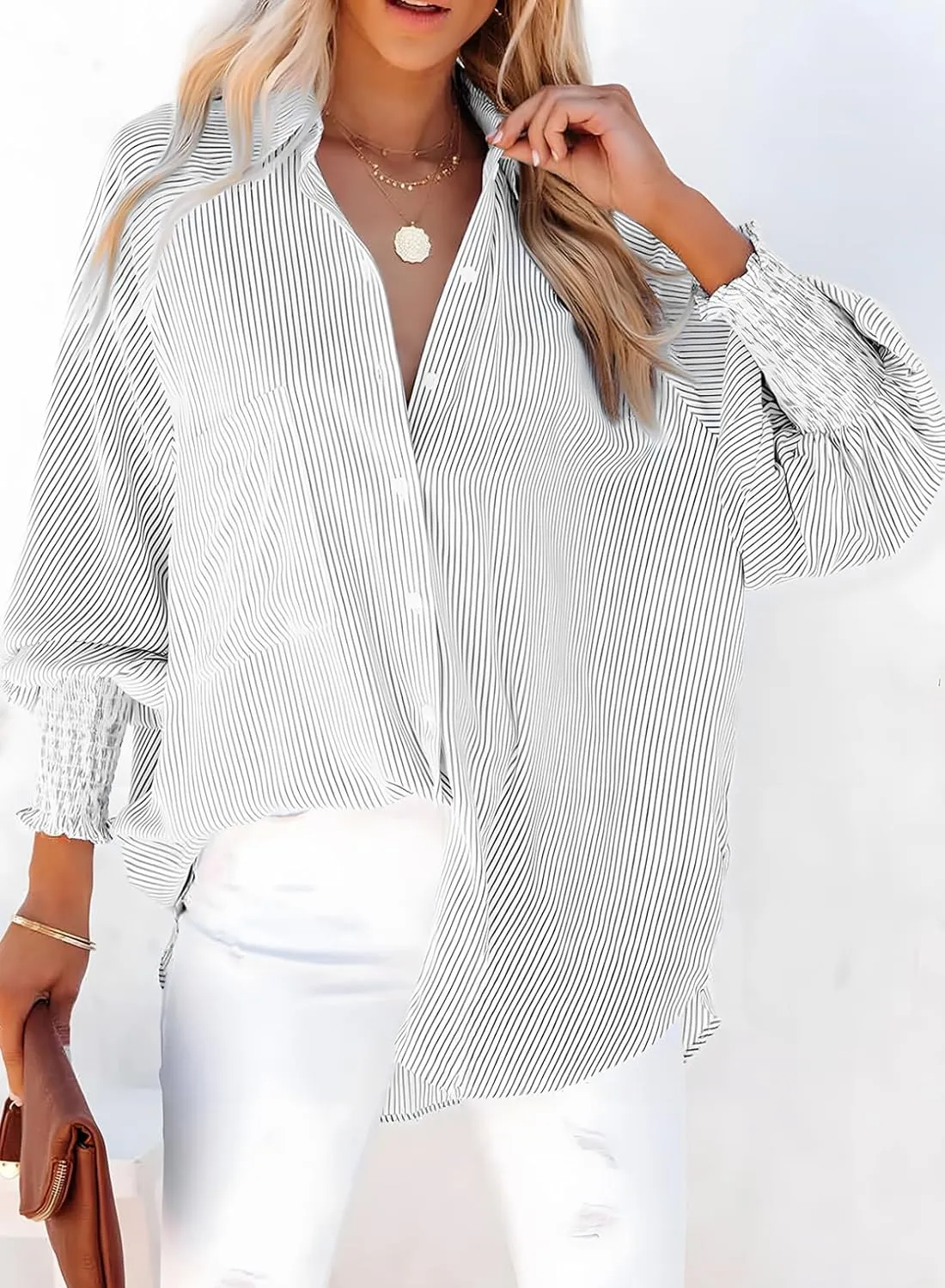 Dokotoo Womens V Neck Striped Button Down Shirts Long Sleeve Tunic Tops