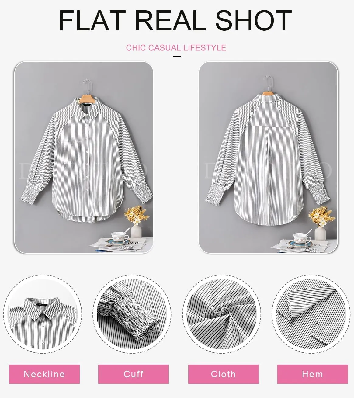 Dokotoo Womens V Neck Striped Button Down Shirts Long Sleeve Tunic Tops