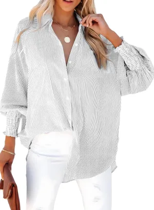 Dokotoo Womens V Neck Striped Button Down Shirts Long Sleeve Tunic Tops