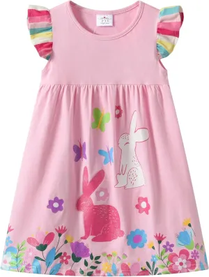 DXTON Toddler Girls Dresses Easter Rainbow Short Sleeve Cotton Casual Summer Birthday School Sundress