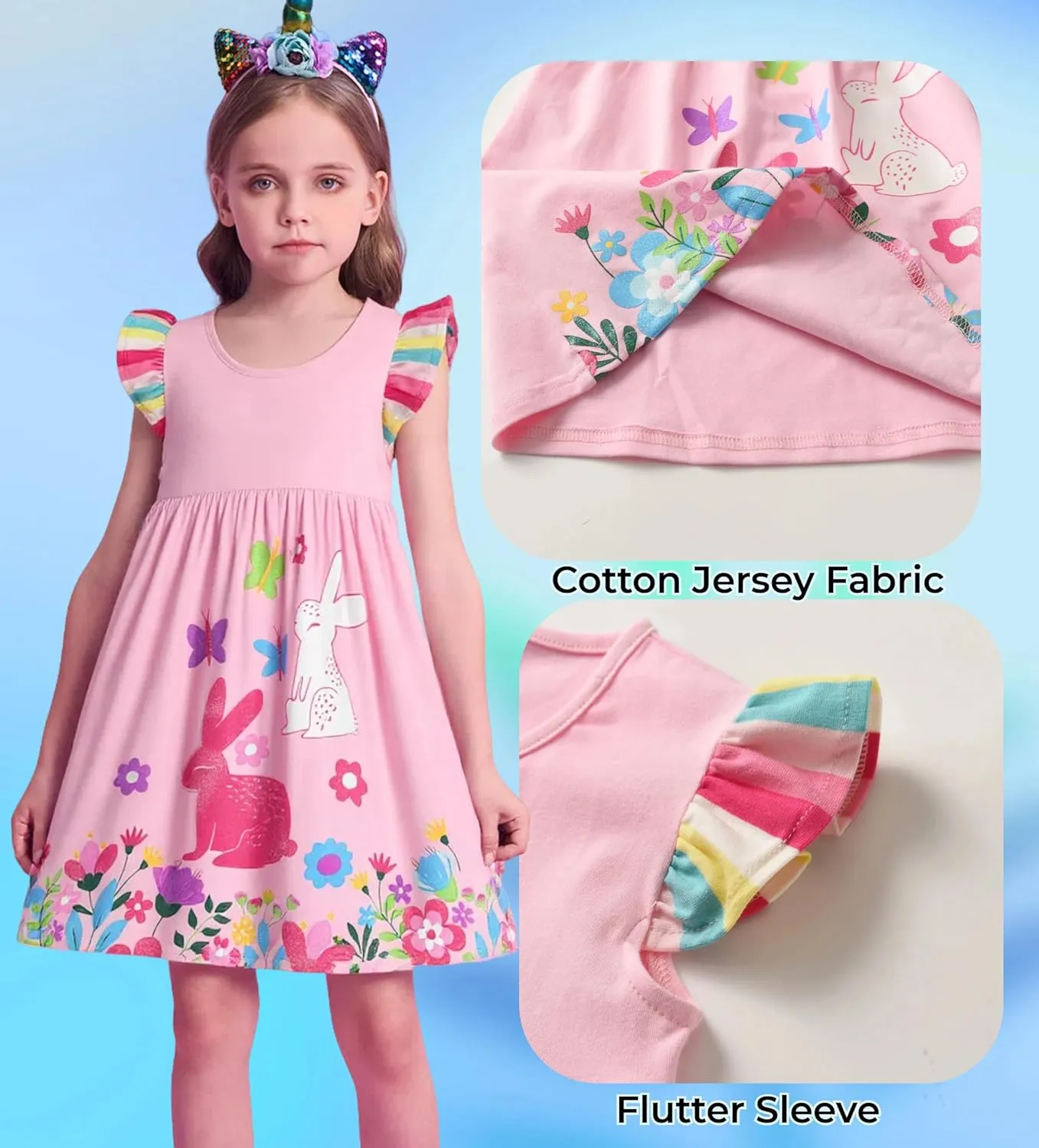 DXTON Toddler Girls Dresses Easter Rainbow Short Sleeve Cotton Casual Summer Birthday School Sundress