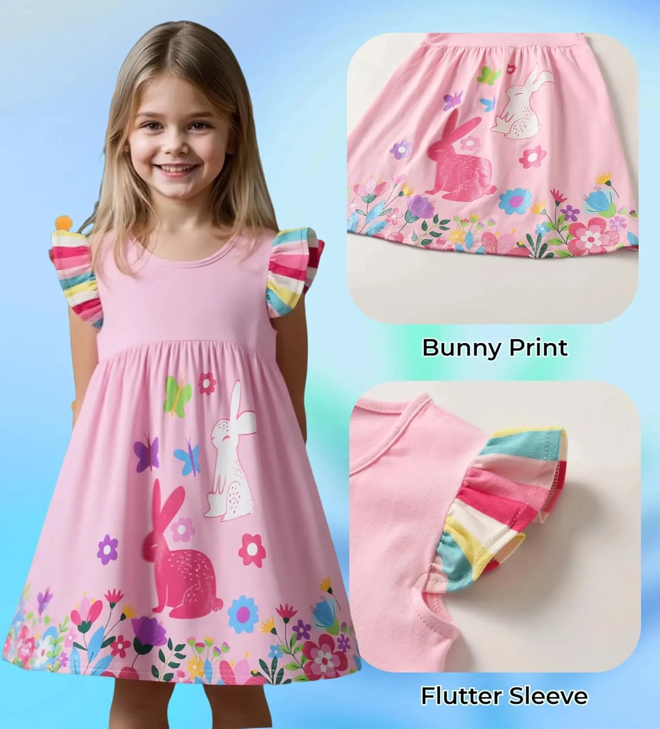 DXTON Toddler Girls Dresses Easter Rainbow Short Sleeve Cotton Casual Summer Birthday School Sundress