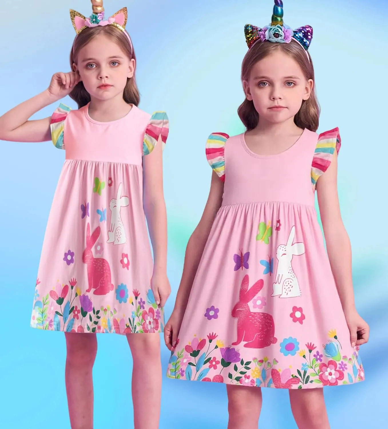DXTON Toddler Girls Dresses Easter Rainbow Short Sleeve Cotton Casual Summer Birthday School Sundress