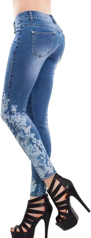 ebossy Women's Cute Embroidery Lace Denim Pants High Waist Slim Fit Tapered Leg Pencil Jeans