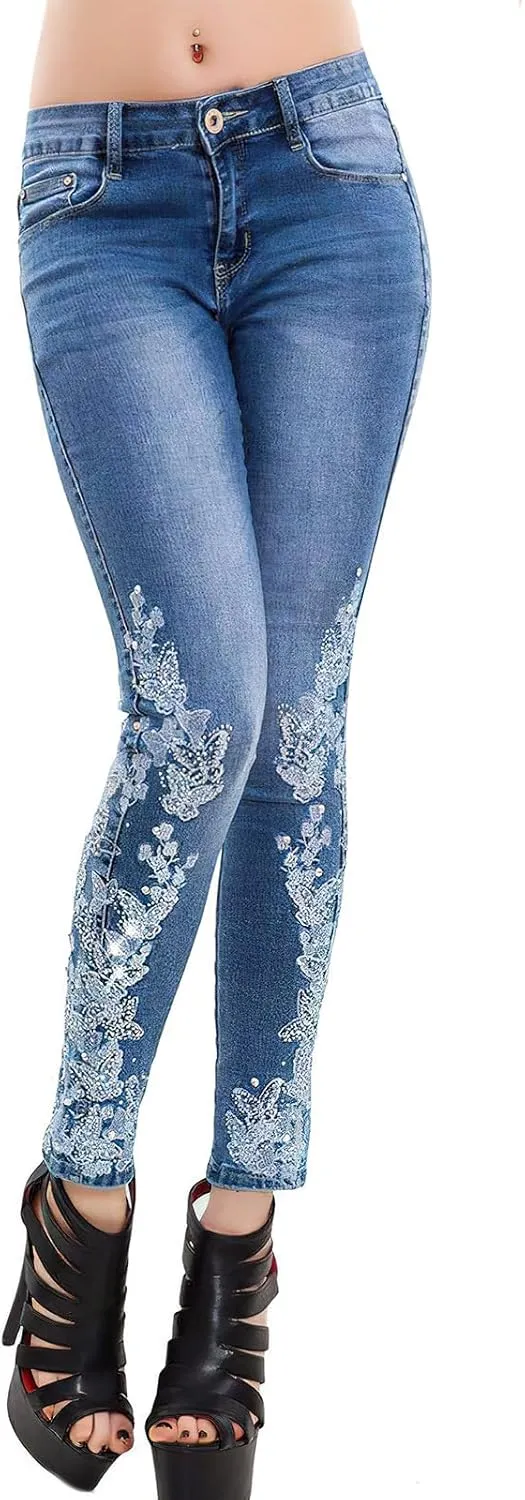 ebossy Women's Cute Embroidery Lace Denim Pants High Waist Slim Fit Tapered Leg Pencil Jeans