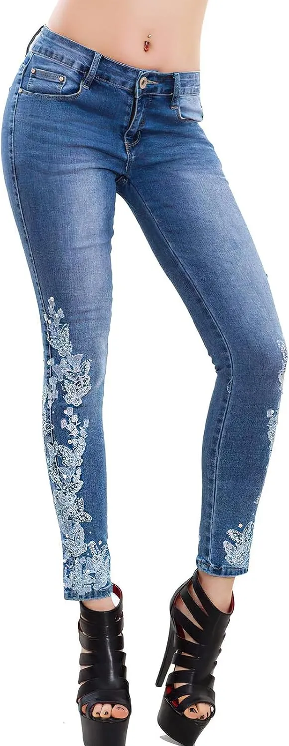 ebossy Women's Cute Embroidery Lace Denim Pants High Waist Slim Fit Tapered Leg Pencil Jeans