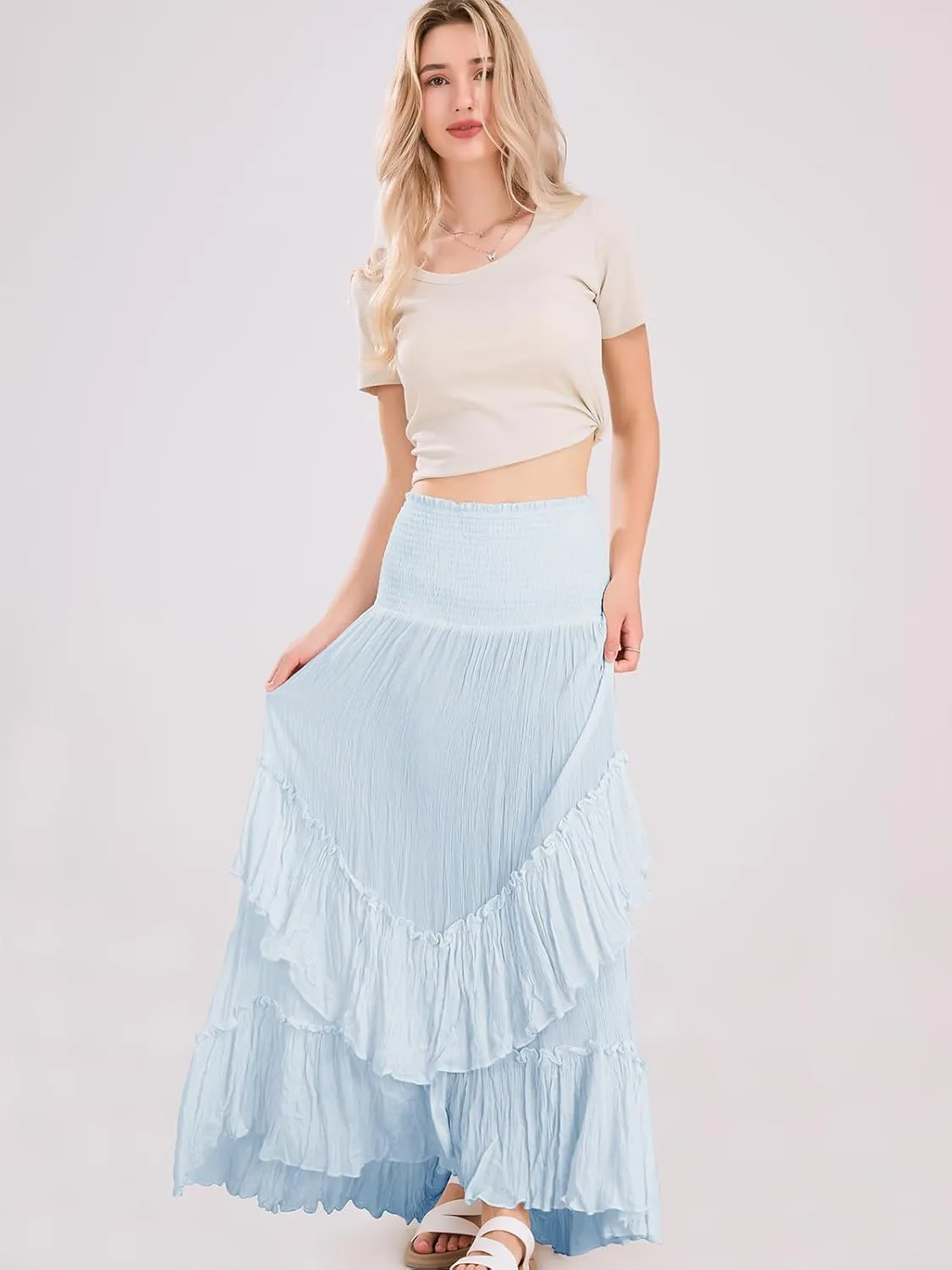 ebossy Women's Smocked High Waist Pleated Ruffles Layered Tiered A-Line Flowy Maxi Skirt