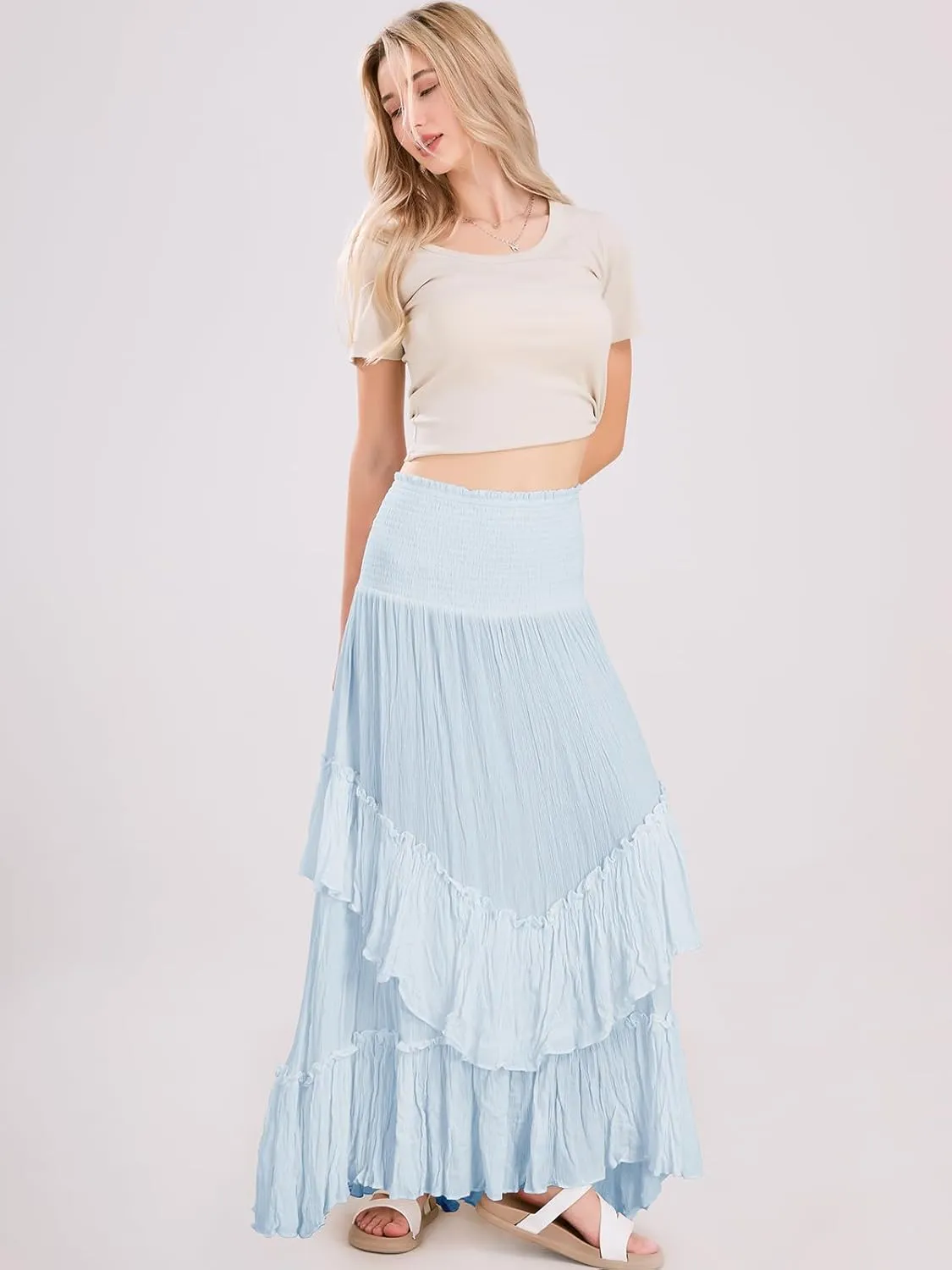ebossy Women's Smocked High Waist Pleated Ruffles Layered Tiered A-Line Flowy Maxi Skirt