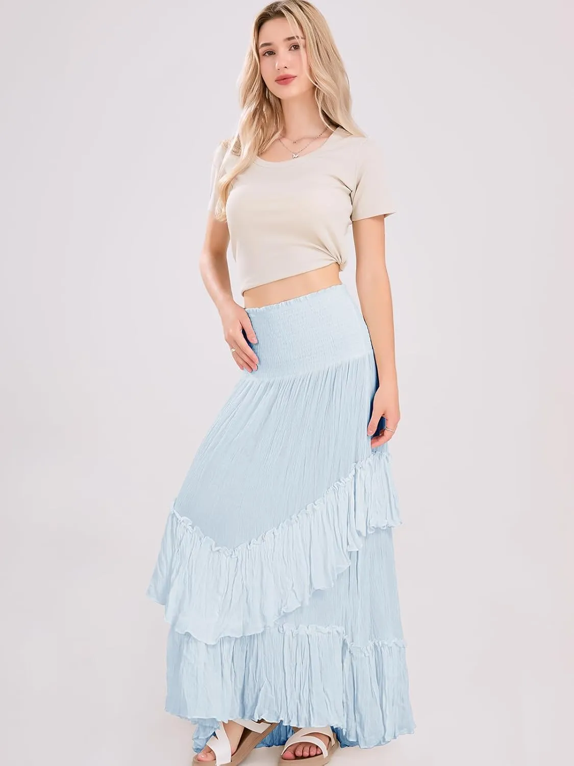 ebossy Women's Smocked High Waist Pleated Ruffles Layered Tiered A-Line Flowy Maxi Skirt