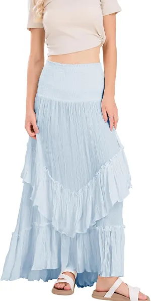 ebossy Women's Smocked High Waist Pleated Ruffles Layered Tiered A-Line Flowy Maxi Skirt