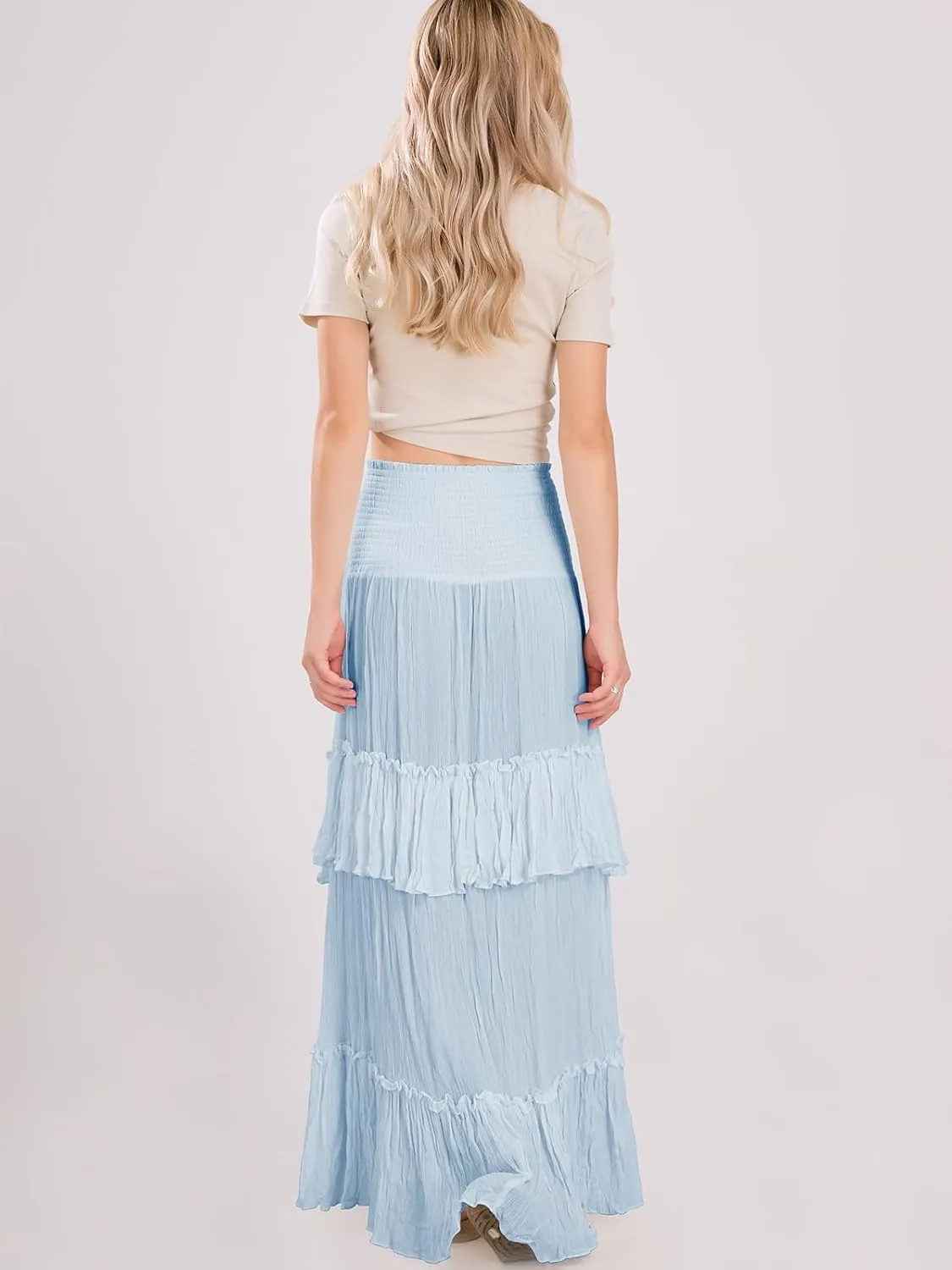 ebossy Women's Smocked High Waist Pleated Ruffles Layered Tiered A-Line Flowy Maxi Skirt