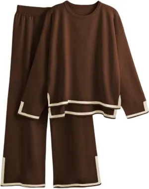 Eisctnd 2 Piece Outfits for Women Knit Lounge Sets Pullover Tops Wide Leg Pants for Women