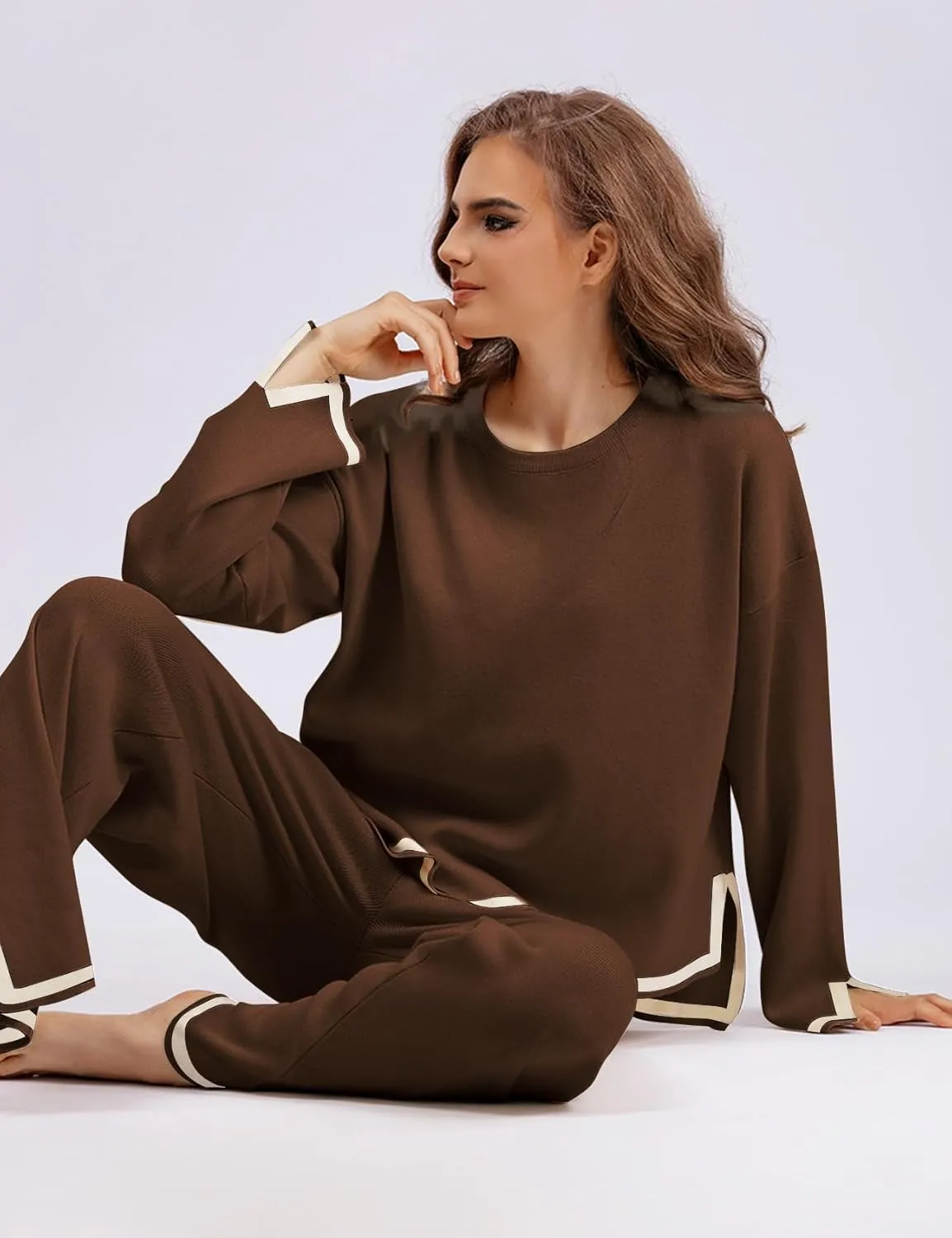 Eisctnd 2 Piece Outfits for Women Knit Lounge Sets Pullover Tops Wide Leg Pants for Women