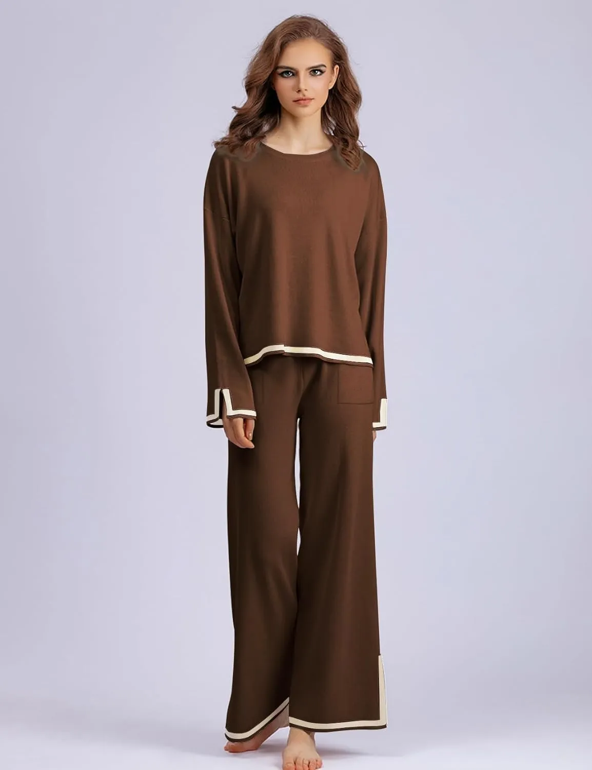 Eisctnd 2 Piece Outfits for Women Knit Lounge Sets Pullover Tops Wide Leg Pants for Women