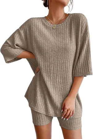 Ekouaer 2 Piece Lounge Set Women Ribbed Knit Oversized Shirts Biker Shorts Airport Outfits Track Suits