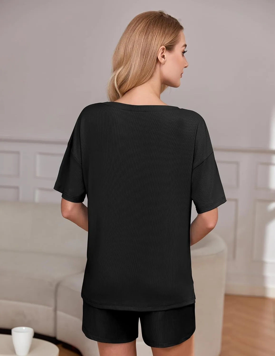 Ekouaer Lounge Set 2025 Summer 2 Piece Set Ribbed Knit Shorts Set Short Sleeve Outfit with Pockets