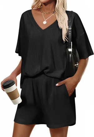 Ekouaer Lounge Set 2025 Summer 2 Piece Set Ribbed Knit Shorts Set Short Sleeve Outfit with Pockets