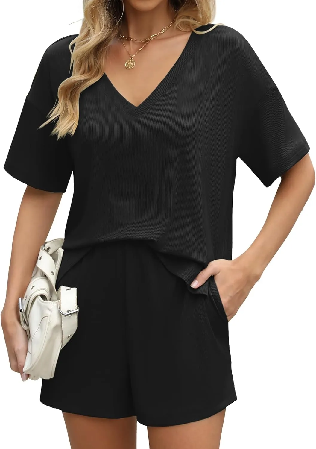 Ekouaer Lounge Set 2025 Summer 2 Piece Set Ribbed Knit Shorts Set Short Sleeve Outfit with Pockets