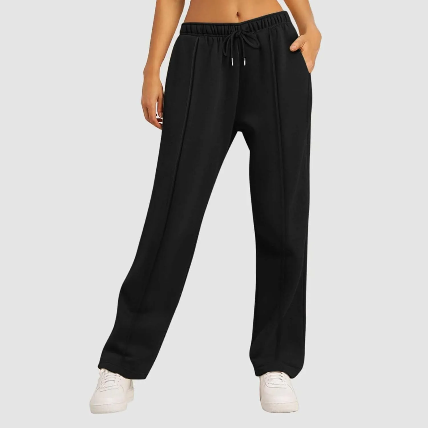 eoeioa Fleece Wide Leg Sweatpants Women Stretch Drawstring Waist Straight Leg Sweatpants Baggy Joggers Yoga Pants with Pocket
