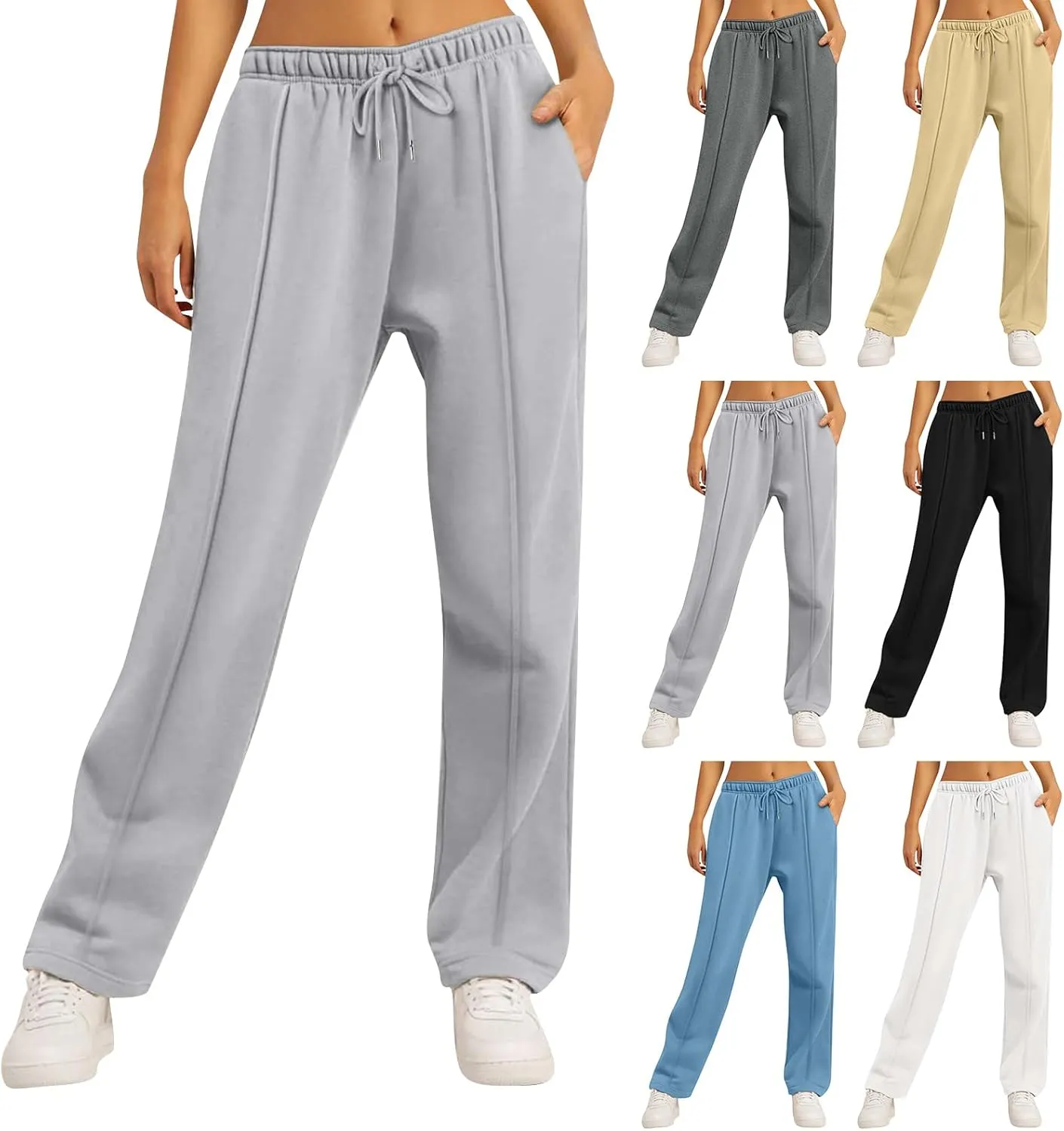 eoeioa Fleece Wide Leg Sweatpants Women Stretch Drawstring Waist Straight Leg Sweatpants Baggy Joggers Yoga Pants with Pocket
