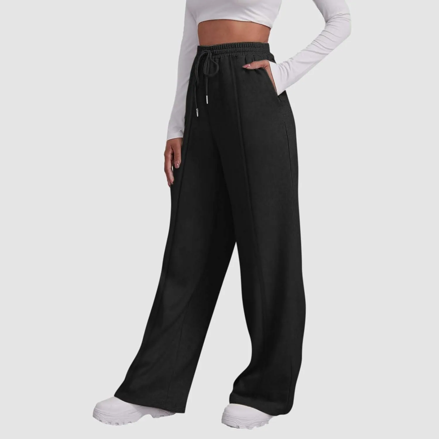 eoeioa Fleece Wide Leg Sweatpants Women Stretch Drawstring Waist Straight Leg Sweatpants Baggy Joggers Yoga Pants with Pocket